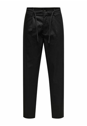 Čierne tapered nohavice s prednými záhybmi, zapínaním na gombík a zips, a čiernymi šnúrkami v páse.