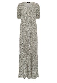 Maxi sukienka z lekkiego materiału z dekoltem w kształcie V i krótkimi rękawami. Posiada beżową bazę z czarnym i brązowym wzorem w panterkę oraz falbaniaste wykończenie u dołu.