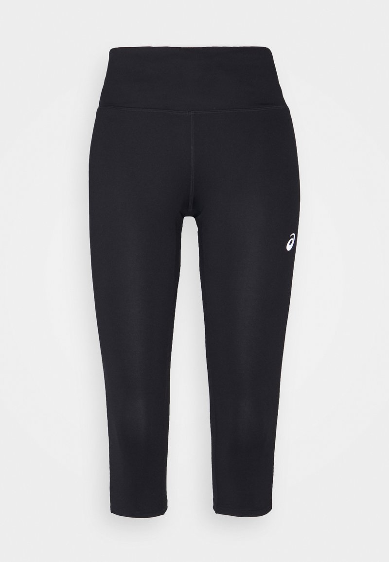 Zwarte capri leggings van rekbaar materiaal, met een hoge tailleband en een klein wit logo aan de linkerkant.