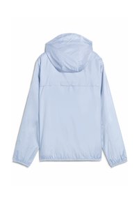 Veste à capuche bleu clair en tissu lisse et léger ; dotée de poignets et d'un ourlet élastiques, avec un design simple et épuré.