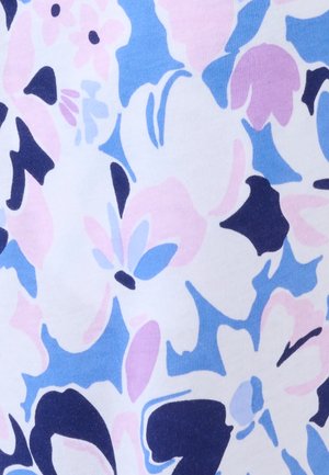 Motif floral abstrait avec de grandes formes en rose pastel, bleu et bleu marine foncé sur un fond blanc.