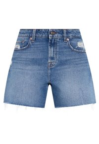 Lichtblauwe denimshorts met een rafelrand, voorzien van een klassiek vijf-pocket ontwerp en een enkele knoopsluiting aan de voorkant.