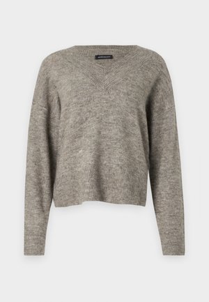 V-hals, langærmet sweater i lysegrå strikket stof med ribbet kant. Let vægt, let cropped design med afslappet pasform.