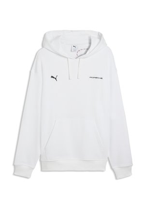 Sudadera con capucha blanca con el logo de Puma en el pecho izquierdo y texto de Porsche en el pecho derecho, con bolsillo tipo canguro frontal y capucha con cordón ajustable.