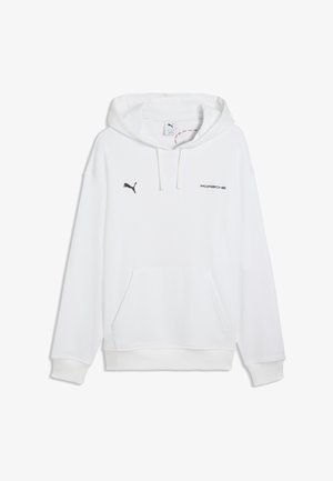 Felpa con cappuccio bianca con logo Puma sul petto a sinistra e testo Porsche sul petto a destra, con tasca frontale a marsupio e cappuccio con coulisse.