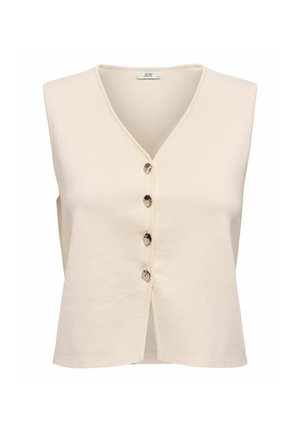 Top senza maniche color crema con scollatura a V, caratterizzato da cinque bottoni metallici sulla parte anteriore e un tessuto liscio e testurizzato.