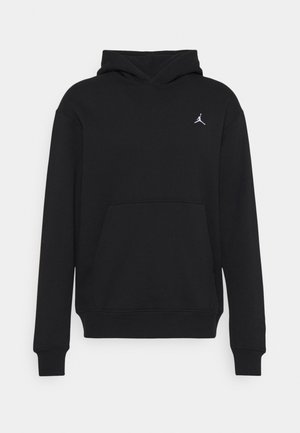 Sort hættetrøje med front-kængurulomme og lille hvid Jumpman-logo på øverste venstre bryst, lange ærmer og fastgjort hætte.