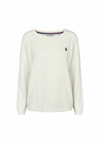 Pull en maille blanche légère avec un col rond et des manches longues, arborant un petit logo brodé sur le côté gauche de la poitrine.