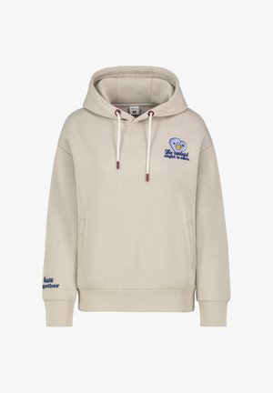 Beiger Hoodie aus weichem Stoff, mit einer Fronttasche, Kapuze mit Kordelzug, blauem Smiley-Grafikmotiv und Textakzenten an den Ärmeln.