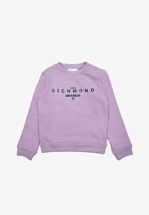 Felpa viola realizzata in tessuto morbido, con polsini a coste, collo rotondo e testo stampato: "JOHN RICHMOND BORN IN ENGLAND".