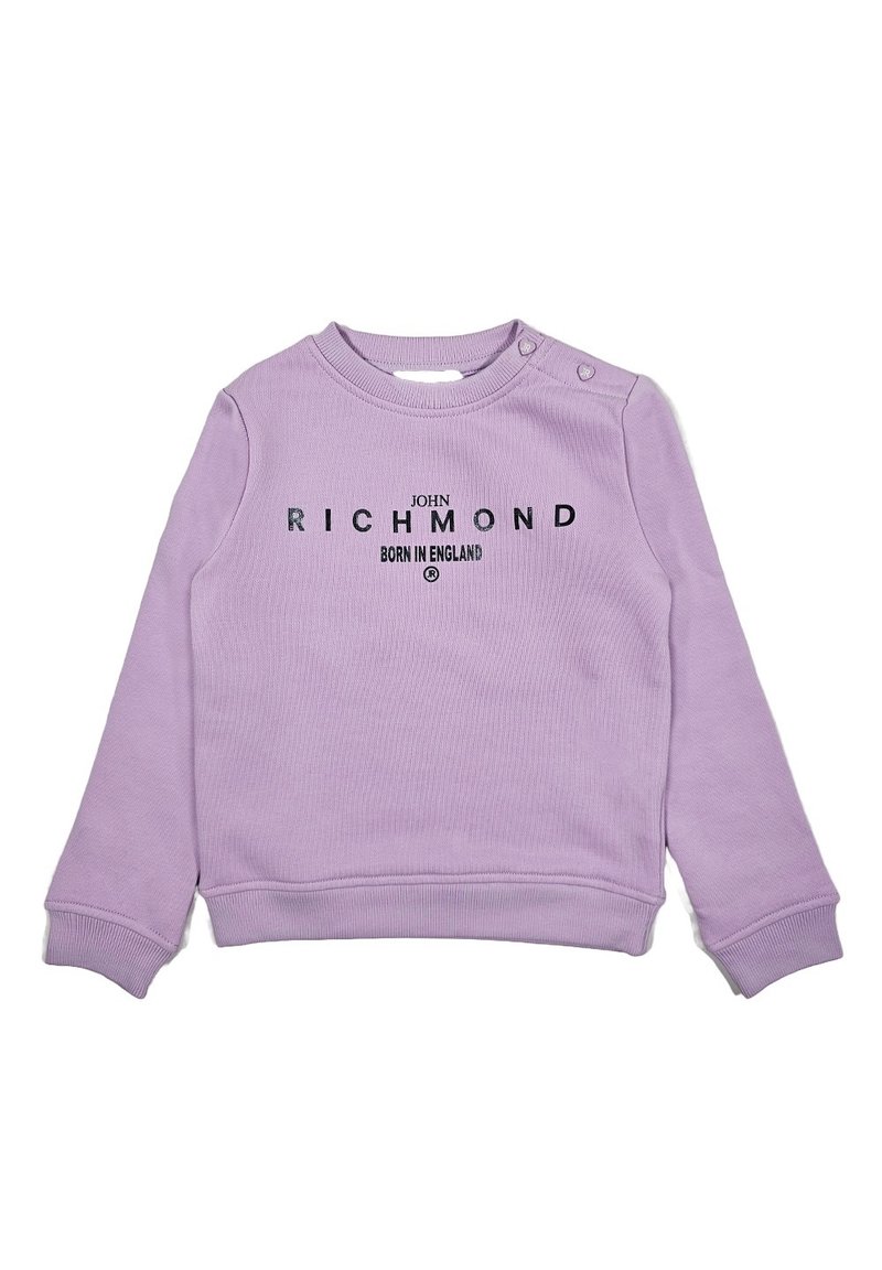 Felpa viola realizzata in tessuto morbido, con polsini a coste, collo rotondo e testo stampato: "JOHN RICHMOND BORN IN ENGLAND".