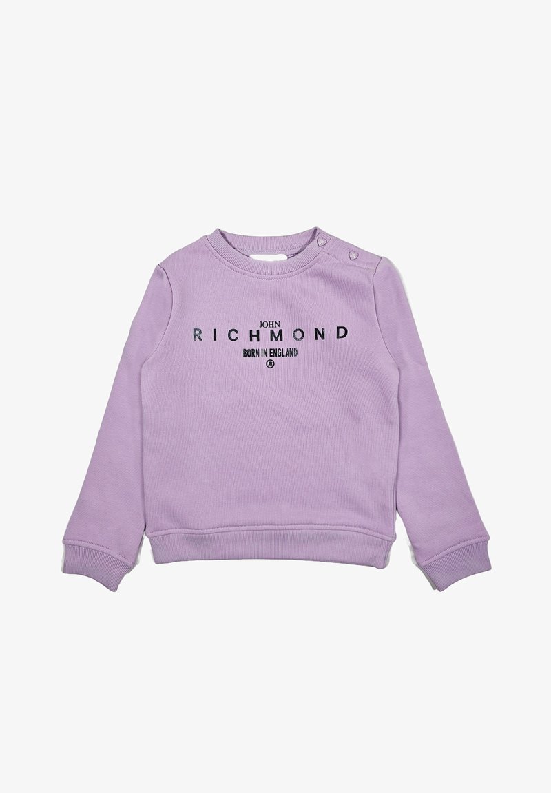 Felpa viola realizzata in tessuto morbido, con polsini a coste, collo rotondo e testo stampato: "JOHN RICHMOND BORN IN ENGLAND".