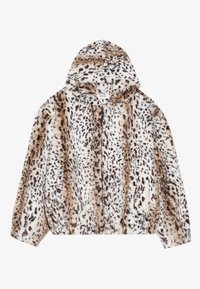 Leopardprint hættejakke i fake fur med lynlås, blød tekstur og elastiske manchetter. Dominerende farver: hvid, brun og sort.