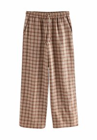 Braun- und cremefarbene Karo-Hosen im weiten Schnitt mit einem elastischen Bund und seitlichen Taschen. Hergestellt aus einem leichten, gewebten Stoff mit einer weichen Textur.