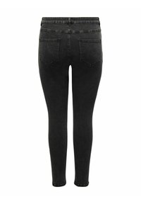Black denim skinny jeans with a high waist, five-pocket design, and a smooth texture. Features contrast stitching and a slim fit.