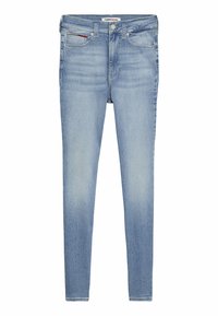 Jeans ajustados de denim en azul claro, con un diseño clásico de cinco bolsillos, un ligero desvanecimiento y cierre de botón.