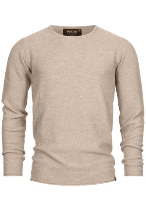 Beige long-sleeve sweater made from textured knit fabric. Features a crew neckline and a small brand label at the hem.