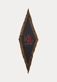 Lenço de seda com borda de estampa de leopardo, formato diamante, centro preto, logótipo "RL" em vermelho e amarelo, e lettering dourado para "RALPH LAUREN."