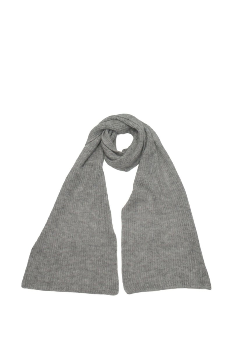 Sciarpa grigia a coste in maglia con una texture morbida, caratterizzata da un design lungo e dritto, senza hardware o decorazioni visibili.