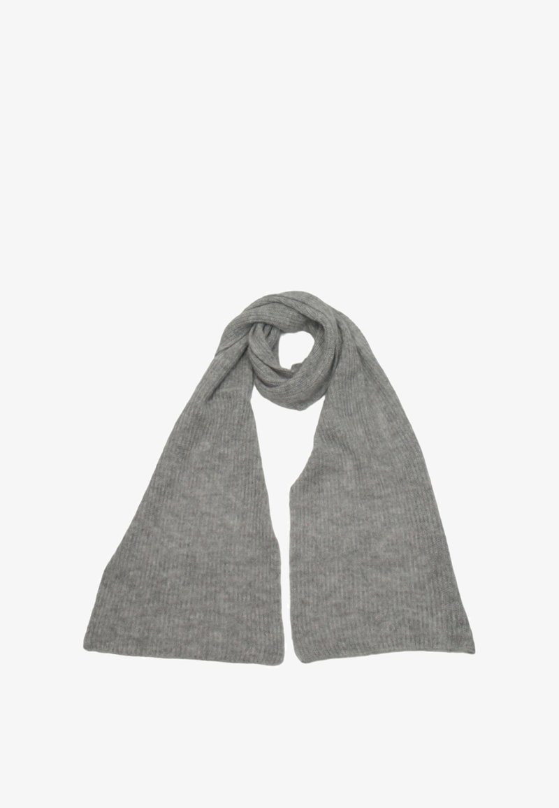 Sciarpa grigia a coste in maglia con una texture morbida, caratterizzata da un design lungo e dritto, senza hardware o decorazioni visibili.