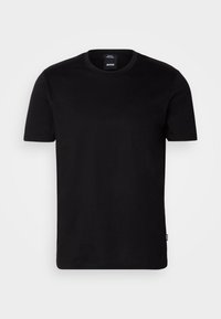 Black t-shirt made of cotton with a classic crew neck design and short sleeves. Features a subtle logo tag on the left side.