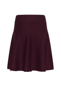 Burgundy színű, harang alakú szoknya, puha anyagból készült, fitted derékpánttal és sima textúrával, a comb közepéig ér.