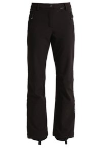 Pantalon d'extérieur noir droit avec poches avant zippées, fermeture par bouton, passants de ceinture et sangles ajustables aux ourlets des chevilles.