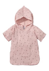Light pink hooded poncho featuring a pocket, with a pattern of small brown bows and flowers. Soft fabric with hemmed edges.