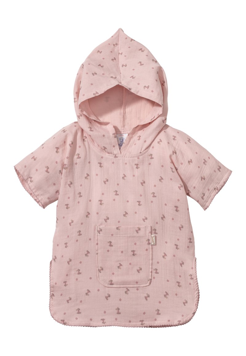 Light pink hooded poncho featuring a pocket, with a pattern of small brown bows and flowers. Soft fabric with hemmed edges.