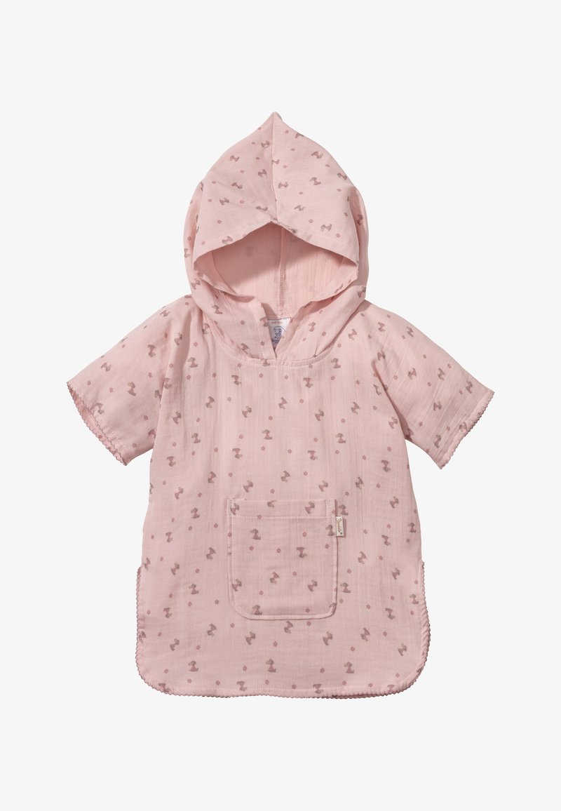 Light pink hooded poncho featuring a pocket, with a pattern of small brown bows and flowers. Soft fabric with hemmed edges.