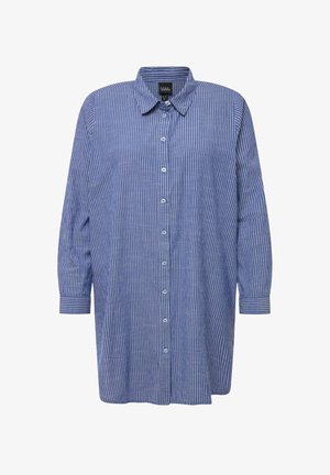 Chemise à rayures bleues et blanches à manches longues, avec un devant à boutons, un col et des poignets. Tissu doux, coupe décontractée.