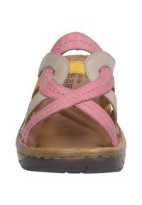 Open-toe sandalen met een bovenwerk van beige, roze en gele leren materialen, voorzien van kruislingse banden en een gevoerde tan binnenzool en een bruine rubberen buitenzool.