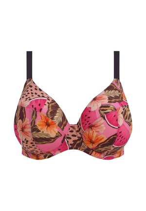 Multicolored bra with floral and watermelon print in pink, brown, and green. Features molded cups and adjustable black straps.
