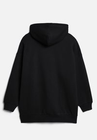 Sudadera negra con capucha y corte relajado. Confeccionada en tejido suave, cuenta con puños y dobladillo acanalados, así como una capucha redondeada.
