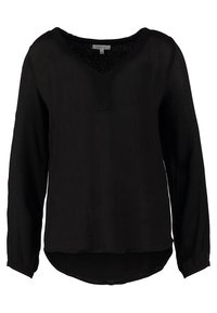 Zwarte blouse met lange mouwen en V-hals, gemaakt van gekreukt materiaal. Heeft een losse pasvorm en een afgeronde zoom, wat zorgt voor textuur en beweging.