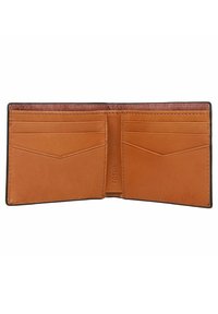 Brown leather wallet interior with multiple card slots, embossed "FOSSIL" logo, and a textured accent along the top edge.