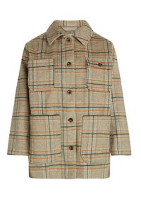 Cappotto a quadri nei toni di marrone, verde e arancione. Realizzato in tessuto testurizzato, con chiusura a bottoni, due tasche sul petto e colletto.