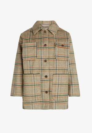 Karierter Mantel in Braun-, Grün- und Orangetönen. Hergestellt aus strukturiertem Stoff, mit einem Knopfverschluss, zwei Brusttaschen und einem Kragen.