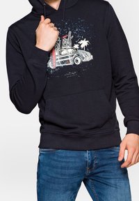 Námořnická modrá mikina s kapucí s grafickým designem vintage auta, palmami a textem. Obsahuje klokaní kapsu a šňůrkovou kapuci.