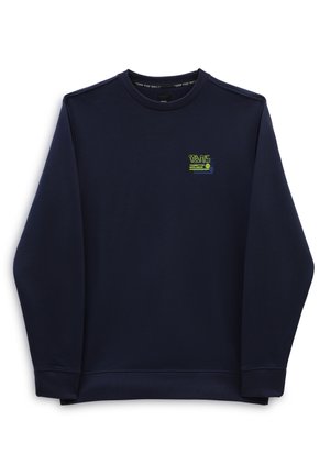 Sweat-shirt bleu marine à manches longues et col rond avec petit logo Vans néon vert et bleu sur la poitrine gauche.