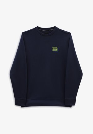 Sweat-shirt bleu marine à manches longues et col rond avec petit logo Vans néon vert et bleu sur la poitrine gauche.
