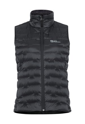 Zwarte, gewatteerde vest met hoge kraag en ritssluiting aan de voorkant. Bevat een klein logo op de linkerborst en zijzakken. Glad, glanzend textuur.