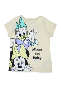 T-shirt couleur crème avec les personnages de dessin animé Daisy Duck et Minnie Mouse, avec le texte "Minne and Daisy" en noir. Manches courtes, matériau en coton.