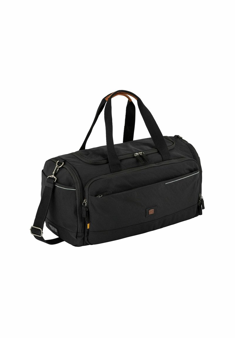 Borsa a duffel nera dalla forma rettangolare, in tessuto, con due manici superiori, tracolla regolabile, tasche anteriori con zip e dettagli riflettenti.