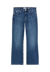 Blue denim straight-leg jeans with front and back pockets, button closure, and slight fading on thighs and knees.