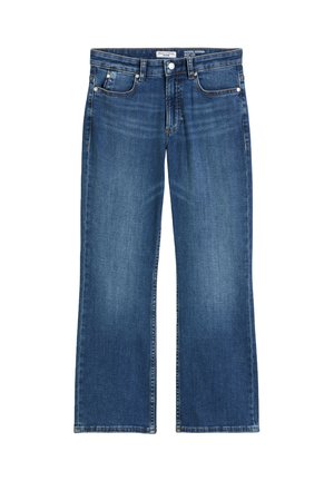 Blue denim straight-leg jeans with front and back pockets, button closure, and slight fading on thighs and knees.