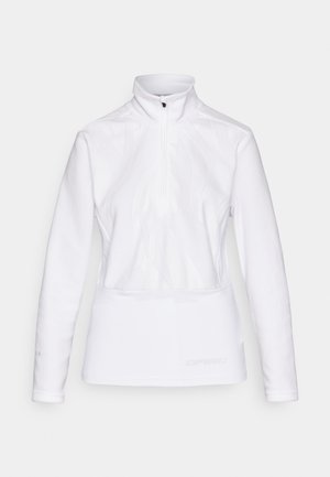Hvit langermet topp med halv-zip krage, med et subtilt bølgedesign og teksturert stoff, designet for aktiv bruk.