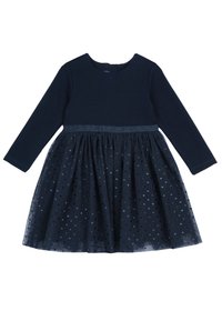 Tmavě modré šaty s dlouhými rukávy, texturovaným živůtkem a vrstvenou tylovou sukní zdobenou malými, rozptýlenými puntíky. Detaily saténového pásku.