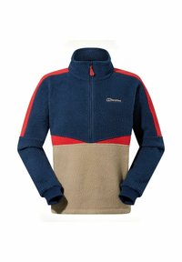 Fleece pullover met marineblauwe, rode en beige kleurvlakken. Beschikt over een hoge kraag, een kwartrits aan de voorkant en geribbelde manchetten voor extra warmte.