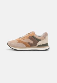 Suede and mesh sneaker in beige, tan, and olive green. Features a textured upper, round toe, lace closure, and cushioned sole.